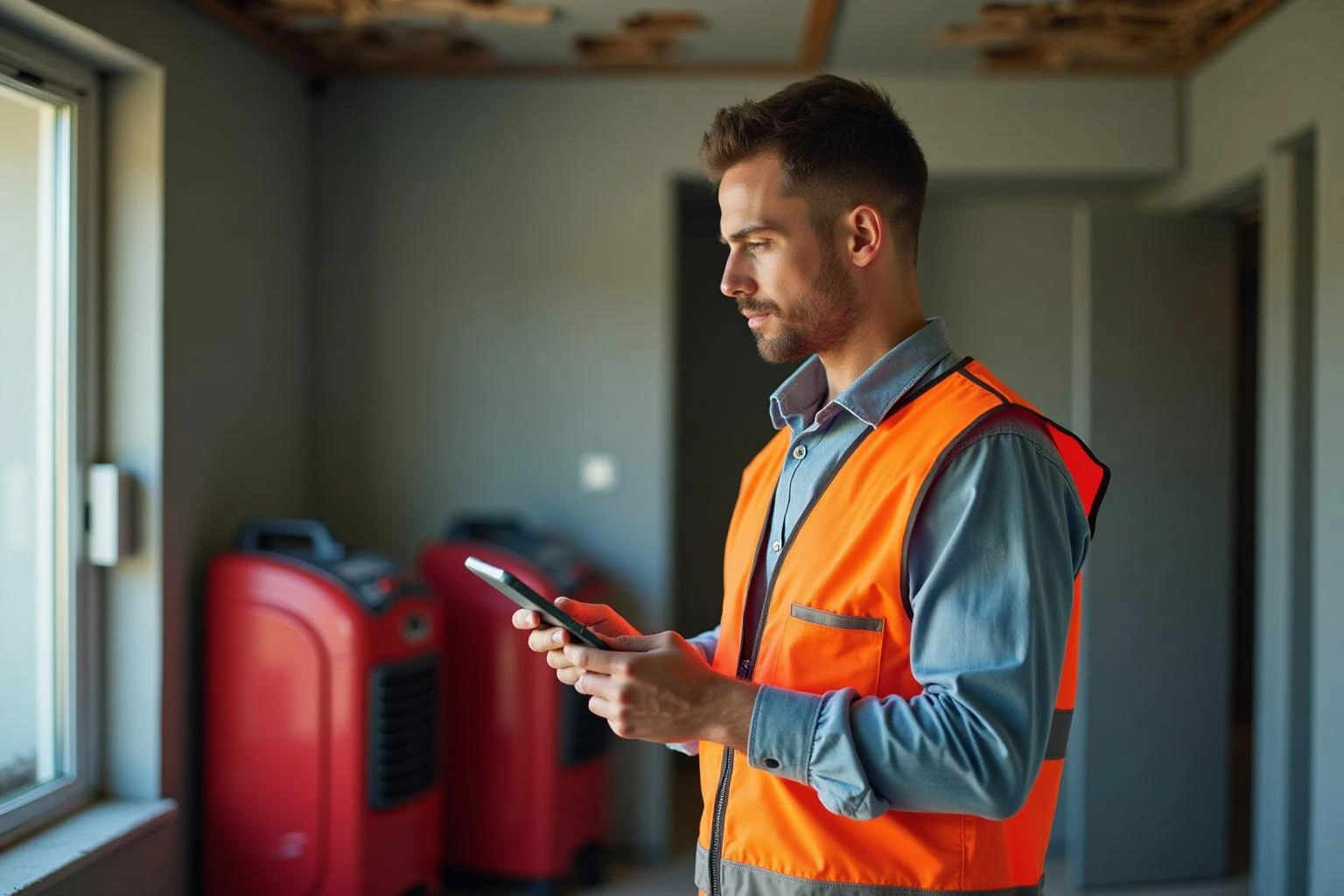 Technician using mobile app on job site